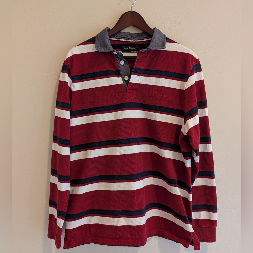 RUGBY Blue Harbour Men's Shirt Size Large Cotton Burgundy White Navy Blue